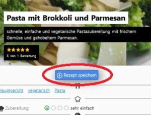 Bild mit einem Screenshot der Rezeptanzeige auf der Seite herdsport.de. Mit diesem Button in de r Rezeptanzeige kann man ein Rezept speichern